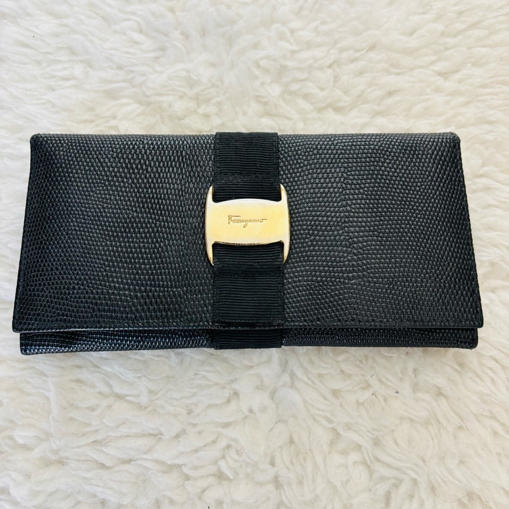 Ferragamo Black Grain Leather Women’s Long Wallet